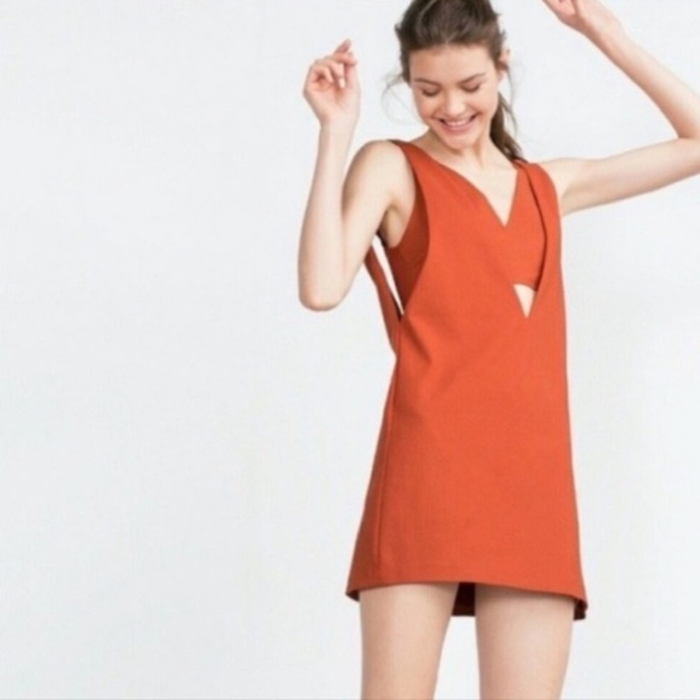 NWT Zara Trafaluc Pinafore Bralette Deep V-Neck Mini Dress in Orange - Size M